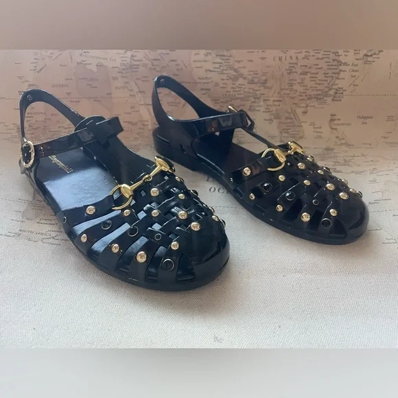 Jeffrey Campbell Jellin Black Fisherman Jelly Sandals Gold Bling Size 42 | 9.5 - Picture 2 of 10